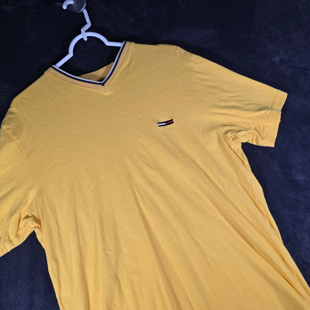Tommy Jeans V-Neck T-Shirt Logo Short‎ Sleeve Casual Tee Top Yellow M